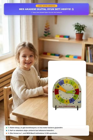 Ahşap Saat Öğrenme Montessori Eğitici Seti + Mesakademi Eğitim Desteği Hediyeli