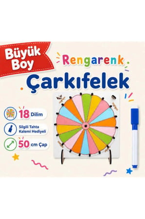 Büyük Boy 18 Dilim Renkli Çarkıfelek Ahşap Set + Mesakademi Eğitim Desteği Hediyeli