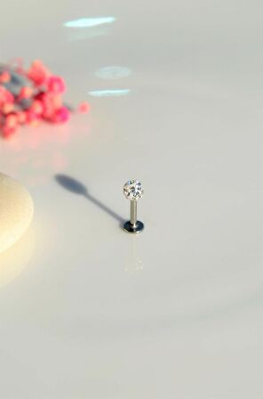 Taşlı Top Uçlu Çelik Piercing Tragus Helix Kıkırdak 6 mm Gümüş Renk