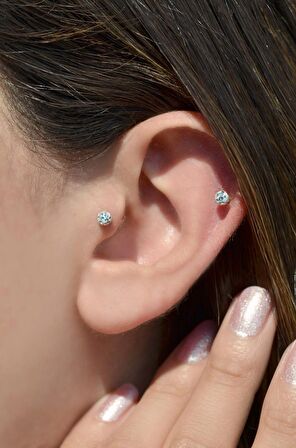 Taşlı Top Uçlu Çelik Piercing Tragus Helix Kıkırdak 8 mm Gümüş Renk