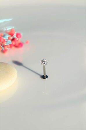 Taşlı Top Uçlu Çelik Piercing Tragus Helix Kıkırdak 8 mm Gümüş Renk