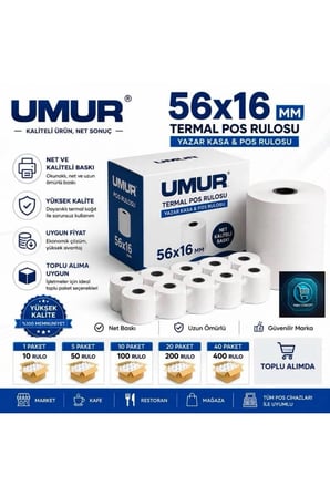 Pos Cihazlarına Uyumlu | 56X16 Pos Rulosu | Yazarkasa Termal Pos Rulosu | Net Baskı | Yüksek Kalite 20 Paket - 200 Adet