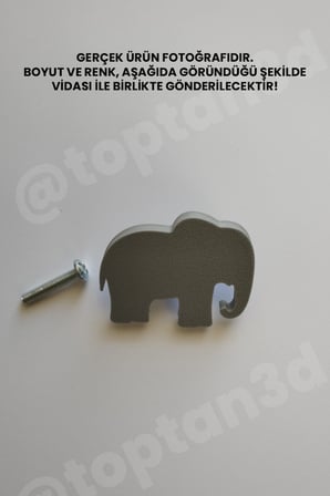 8 ADET - Gri Fil Dolap Kulpu - Modern Çocuk, Bebek Odası Mobilya Kulpu (Kulp Vidası Dahildir)