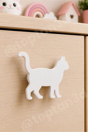 8 ADET - Beyaz Kedi Dolap Kulpu - Modern Çocuk, Bebek Odası Mobilya Kulpu (Kulp Vidası Dahildir)