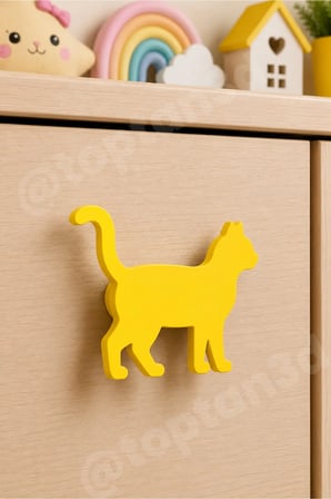 8 ADET - Sarı Kedi Dolap Kulpu - Modern Çocuk, Bebek Odası Mobilya Kulpu (Kulp Vidası Dahildir)