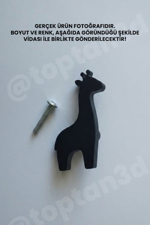 8 ADET - Siyah Zürafa Dolap Kulpu - Modern Çocuk, Bebek Odası Mobilya Kulpu (Kulp Vidası Dahildir)