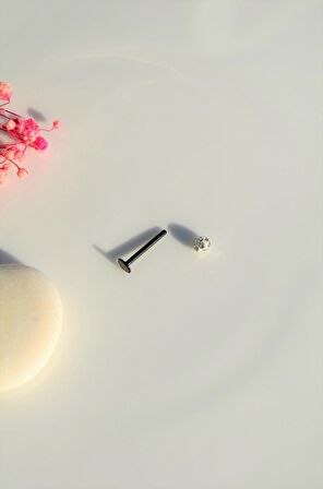 Taşlı Top Uçlu Çelik Piercing Dudak Dil 12 mm Siyah