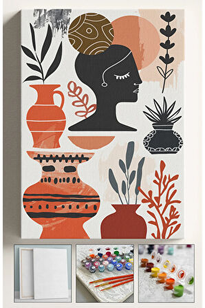 Sayılarla Boyama Çerçeveli Hobi Seti Numaralı Tuval Fırça Boya Kasnaklı 40X50Cm TOPUZ KADIN VAZO