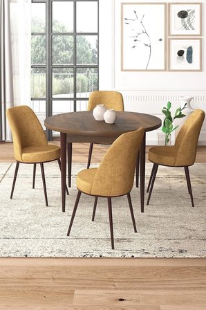 Tor Serisi Yuvarlak 90x90 Barok Ahşap Desenli Sabit Masa 4 Cappucino Sandalye Mutfak Masası Takımı