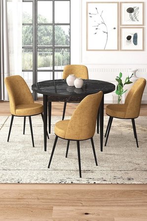 Tor Serisi Yuvarlak 90x90 Siyah Mermer Desenli Sabit Masa 4 Cappucino Sandalye Mutfak Masası Takımı