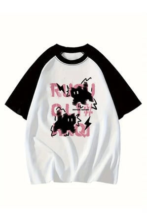 Y2K Cartoon Black Pink Cat Beyaz Reglan Kol Oversize T-shirt