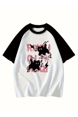 Y2K Cartoon Black Pink Cat Beyaz Reglan Kol Oversize T-shirt