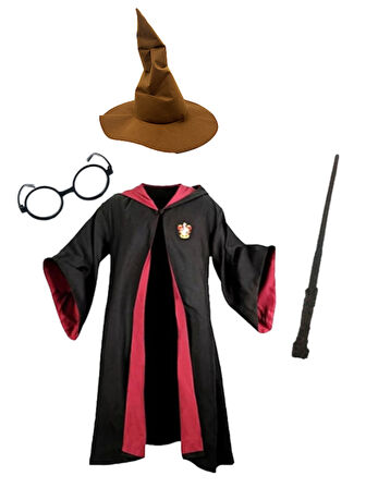 Harry Potter Gryffindor Kapişonlu Cübbe Çocuk Boy + Orjinal Keçeli Şapka + Asa + Gözlük 4 Parça Set