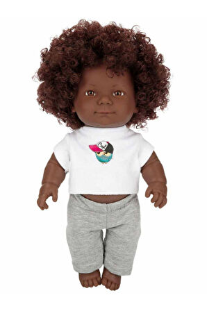 Kıvırcık Esmer Dada Bebek - Gri Eşofmanlı 35 Cm