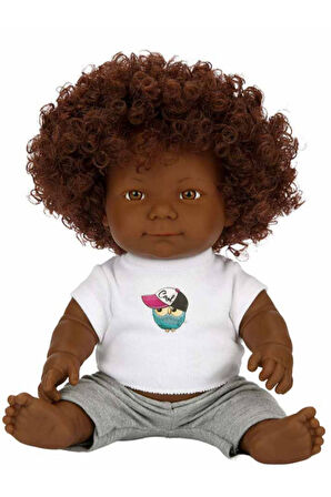 Kıvırcık Esmer Dada Bebek - Gri Eşofmanlı 35 Cm