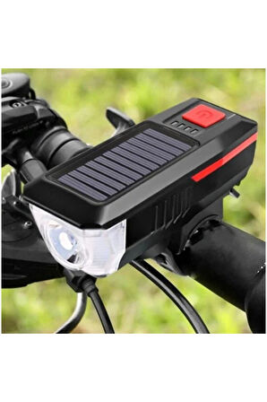 Su Geçirmez Güneş Enerjili Led Işıklı Bisiklet Farı - Kornalı Usb Ile Şarj Edilebilir Fener - 11 Cm
