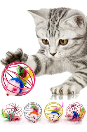 2 Adet Renkli Metal Kafesli Peluş Fareli Kedi Köpek Oyuncağı Oyun Topu 6 cm