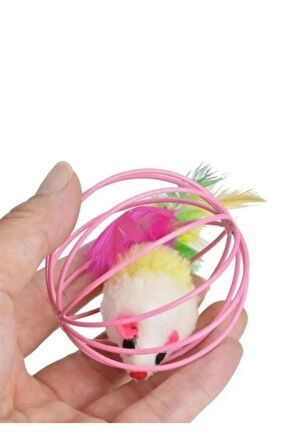 2 Adet Renkli Metal Kafesli Peluş Fareli Kedi Köpek Oyuncağı Oyun Topu 6 cm