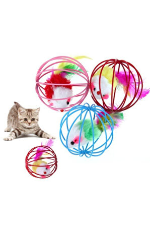 2 Adet Renkli Metal Kafesli Peluş Fareli Kedi Köpek Oyuncağı Oyun Topu 6 cm