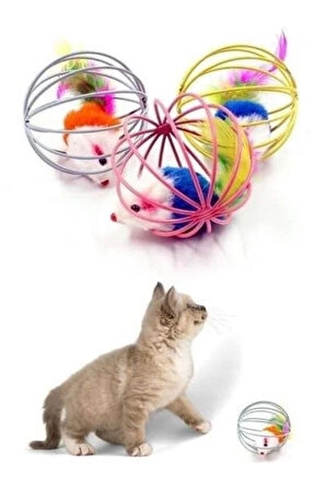 2 Adet Renkli Metal Kafesli Peluş Fareli Kedi Köpek Oyuncağı Oyun Topu 6 cm