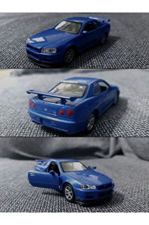 Mavi Nissan Skyline Gtr R34 Kapıları Açılabilen Çek Bırak Araba Welly 1:32 - 11.5 Cm