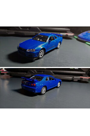 Mavi Nissan Skyline Gtr R34 Kapıları Açılabilen Çek Bırak Araba Welly 1:32 - 11.5 Cm