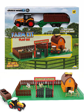 Römorklu Traktörlü - Ahırlı - Etrafı Çitle Çevrili - 3 Hayvan Figürlü Çiftlik Seti S00019419