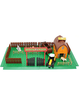 Römorklu Traktörlü - Ahırlı - Etrafı Çitle Çevrili - 3 Hayvan Figürlü Çiftlik Seti S00019419