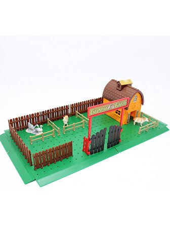 Römorklu Traktörlü - Ahırlı - Etrafı Çitle Çevrili - 3 Hayvan Figürlü Çiftlik Seti S00019419