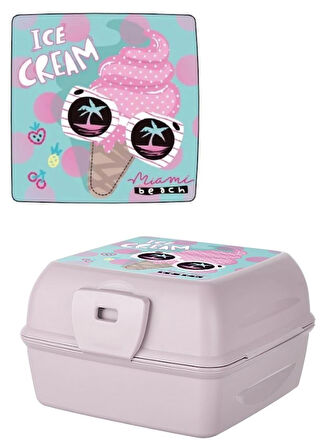 2 Katlı ve Kapaklı Çatal & Kaşıklı Okul Beslenme Çantası Saklama Kabı - Ice Cream Model - 1 ADET