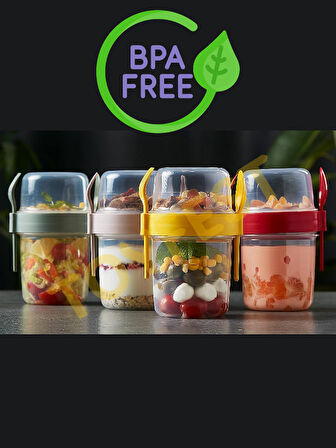BPA Free Diyet Öğün & Kahvaltı için Çatal & Kaşıklı Kapaklı Yoğurt Müsli Salata Meyve Saklama Kabı