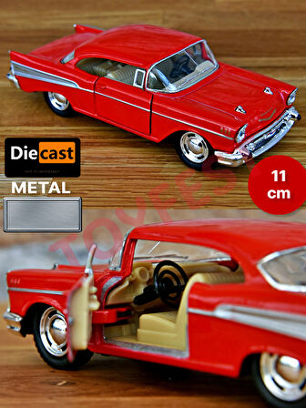 1957 Chevrolet Bel Air Çek Bırak Die - Cast Kapıları Açılabilen Metal Model Araba - Krımızı 11.5 cm