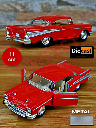 1957 Chevrolet Bel Air Çek Bırak Die - Cast Kapıları Açılabilen Metal Model Araba - Krımızı 11.5 cm