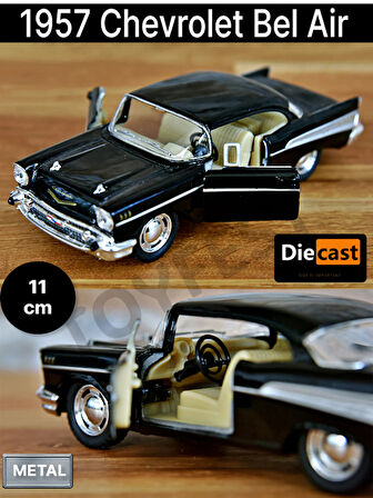 1957 Chevrolet Bel Air Çek Bırak Die - Cast Kapıları Açılabilen Metal Model Araba - Siyah 11.5 cm