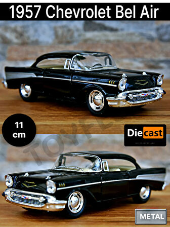 1957 Chevrolet Bel Air Çek Bırak Die - Cast Kapıları Açılabilen Metal Model Araba - Siyah 11.5 cm