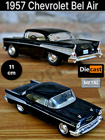 1957 Chevrolet Bel Air Çek Bırak Die - Cast Kapıları Açılabilen Metal Model Araba - Siyah 11.5 cm