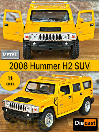 2008 Hummer H2 SUV Çek Bırak Die - Cast Kapıları Açılabilen Metal Model Araba - Sarı 11.5 cm