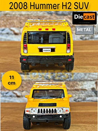 2008 Hummer H2 SUV Çek Bırak Die - Cast Kapıları Açılabilen Metal Model Araba - Sarı 11.5 cm