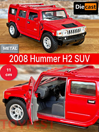 2008 Hummer H2 SUV Çek Bırak Die - Cast Kapıları Açılabilen Metal Model Araba - Kırmızı 11.5 cm