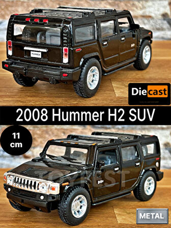 2008 Hummer H2 SUV Çek Bırak Die - Cast Kapıları Açılabilen Metal Model Araba - Siyah 11.5 cm