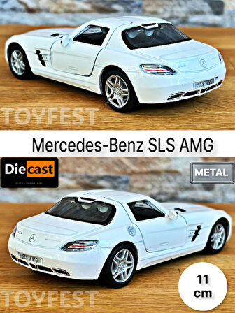 Mercedes - Benz SLS AMG Çek Bırak Die - Cast Kapıları Açılabilen Metal Model Araba - Beyaz 11.5 cm