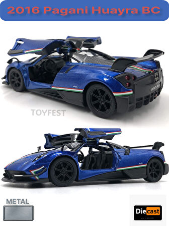 2016 Pagani Huayra BC Çek Bırak Die - Cast Kapıları Açılabilen Metal Model Araba - Mavi 12.5 cm