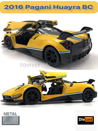 2016 Pagani Huayra BC Çek Bırak Die - Cast Kapıları Açılabilen Metal Model Araba - Sarı 12.5 cm