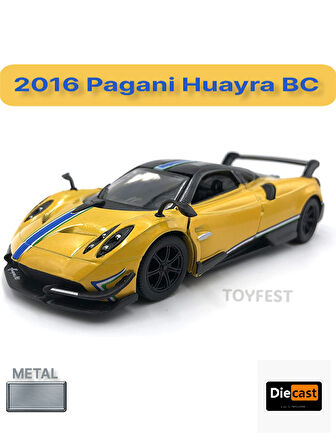 2016 Pagani Huayra BC Çek Bırak Die - Cast Kapıları Açılabilen Metal Model Araba - Sarı 12.5 cm