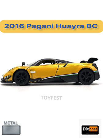 2016 Pagani Huayra BC Çek Bırak Die - Cast Kapıları Açılabilen Metal Model Araba - Sarı 12.5 cm