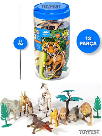 Vahşi Hayvanlar Oyun Seti - 13 Parça Kapaklı Taşıma Saplı Özel Kovasında 24 cm