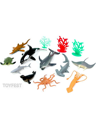 Okyanus Canlıları Oyun Seti - 13 Parça Kapaklı Taşıma Saplı Özel Kovasında 24 cm