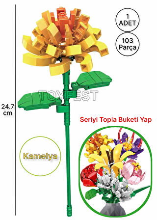 Çiçek Buketleri Lego Yapı Oyuncağı - Sarı Çiçek Kamelya Çiçeği - ( 1 ADET ÇİÇEK ) -103 Parça