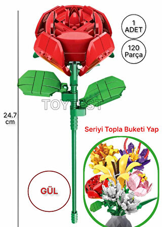 Çiçek Buketleri Lego Yapı Oyuncağı - Kırmızı Çiçek Gül Çiçeği ( 1 ADET ÇİÇEK ) - 120 Parça