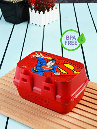 Kilit Kapaklı 2 Katlı 4 Bölmeli Kaşık & Çatallı Dikdörtgen Lunch Box Beslenme Kutusu - Superman